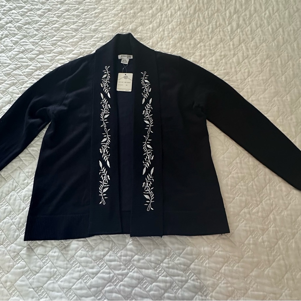Hannah Rose Black Cardigan with White Embroidery